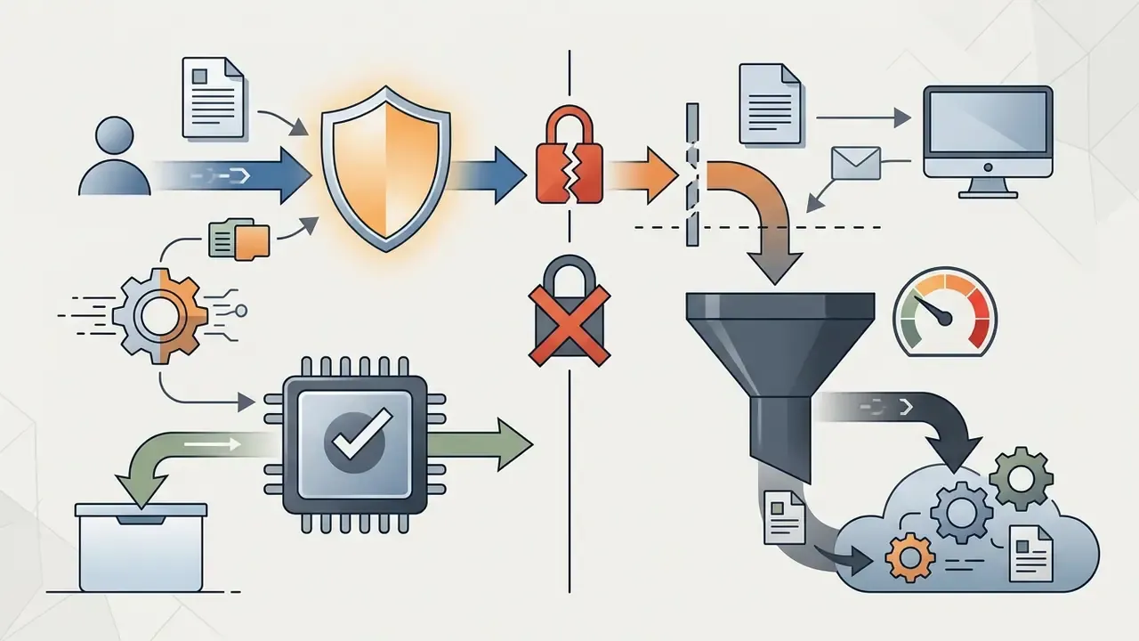 Comparison of protected data flow versus unprotected information leaking into a cloud processing funnel