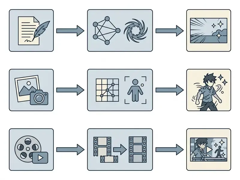 Flowchart showing three input methods for generating anime video from text, images, or existing footage
