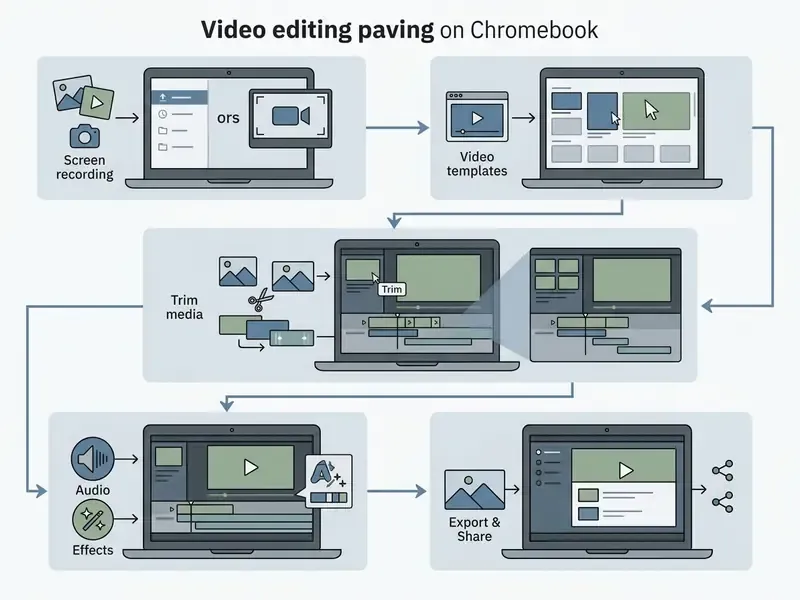 Sequential process for a video editor for Chromebook showing import, template selection, and editing