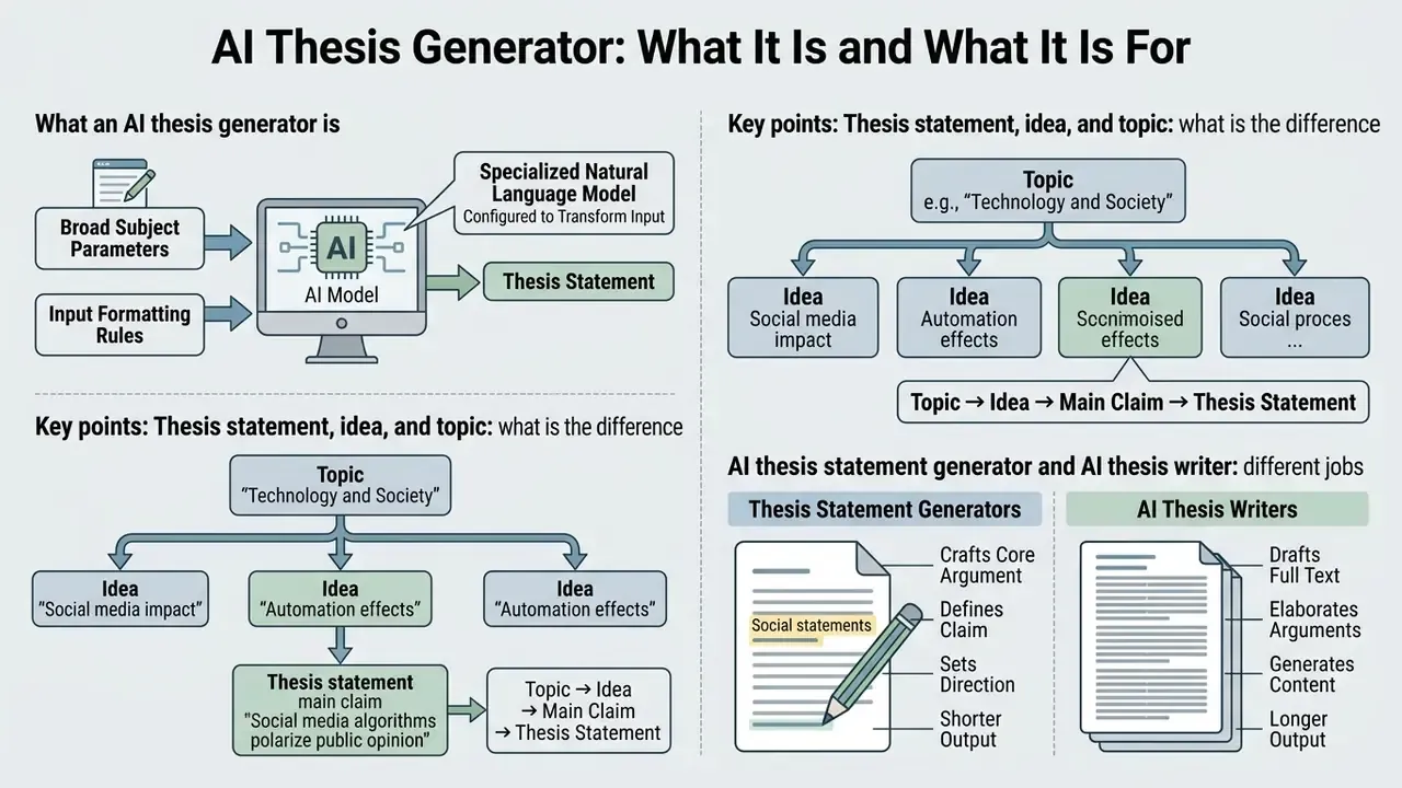 Infographic explaining how natural language models process subject parameters into structured thesis statements