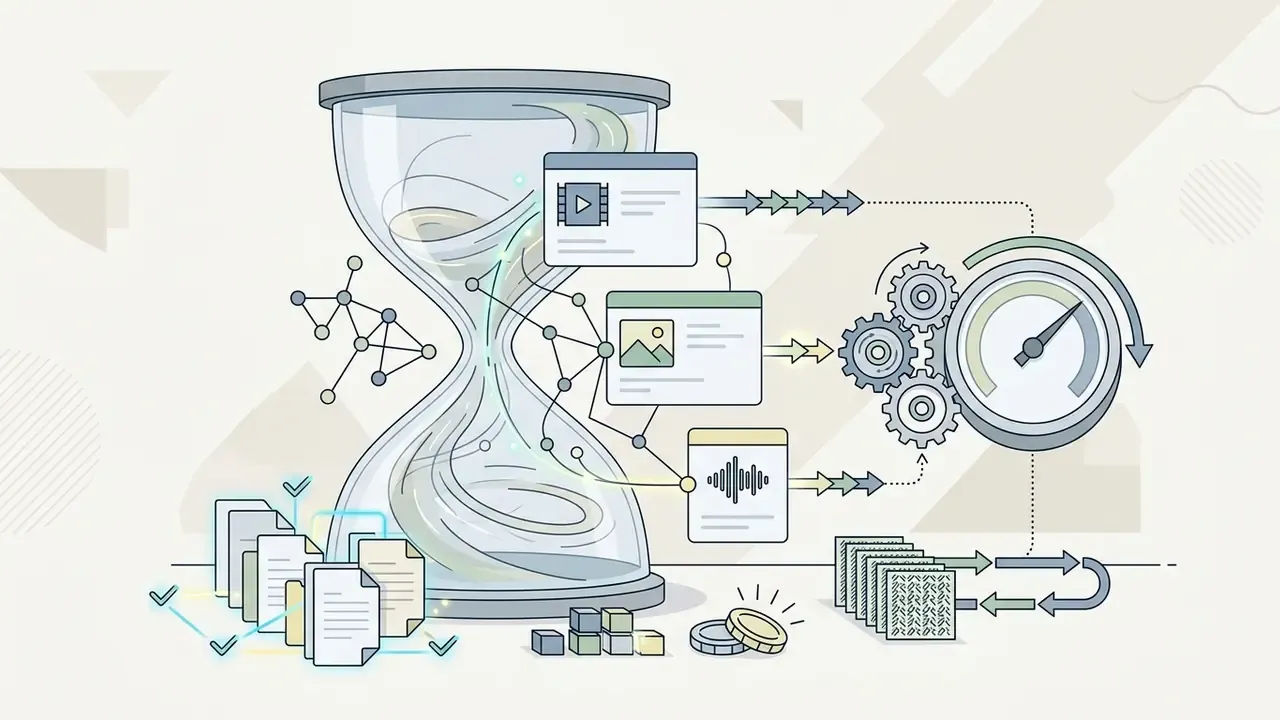 Hourglass connected to media generation icons and a speed gauge representing time-limited AI processing