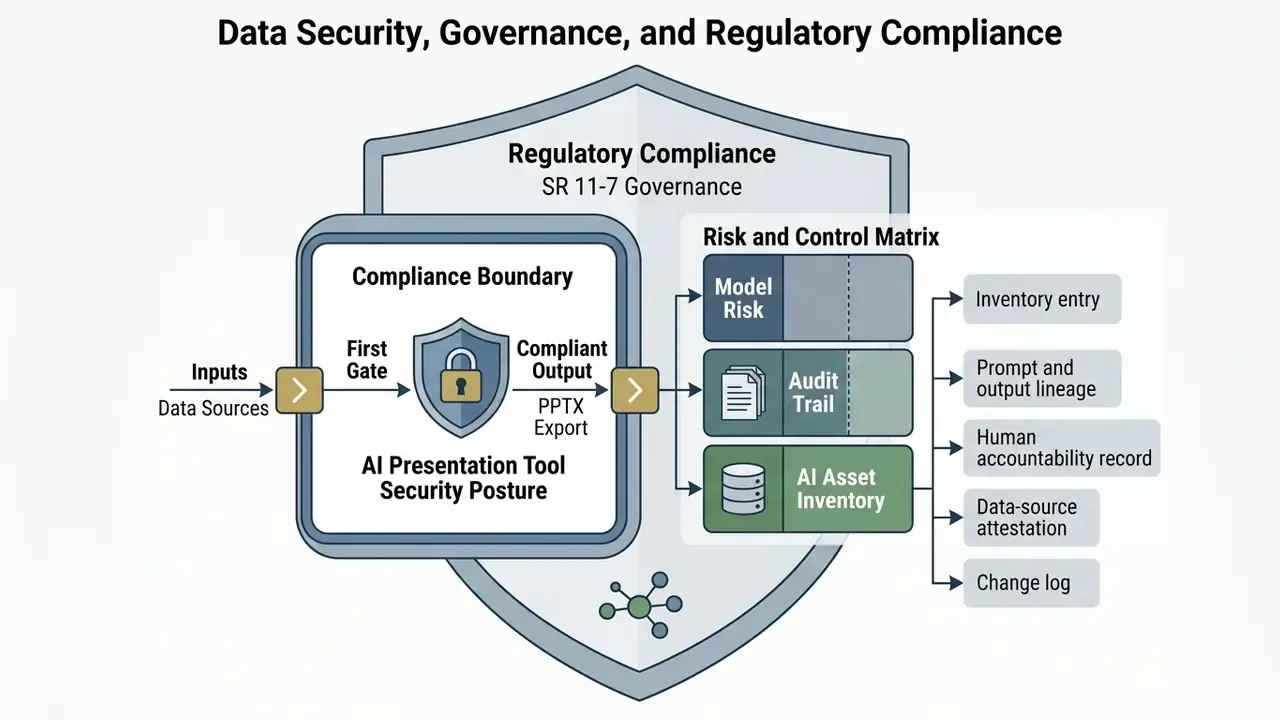 Risk and control matrix diagram showing compliance boundaries, model risk, audit trails, and asset inventory