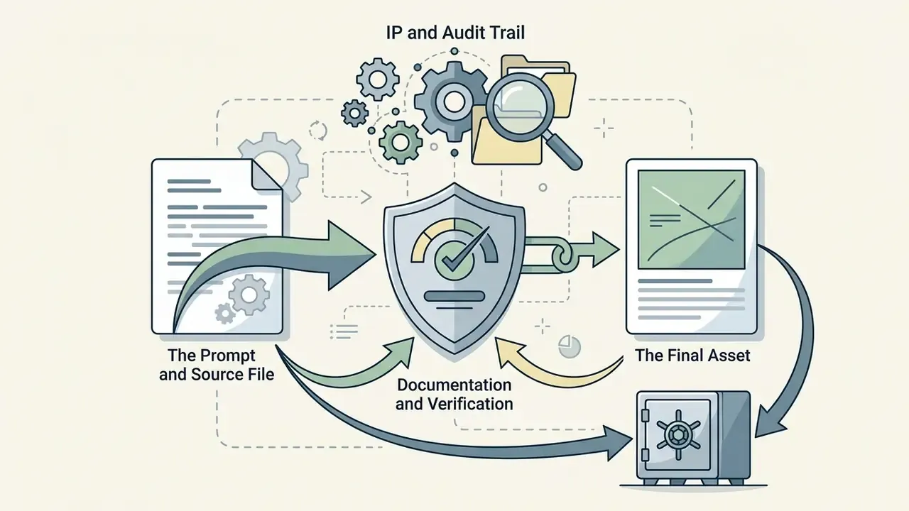 Central shield icon connecting prompt files, final assets, and a secure vault for audit documentation