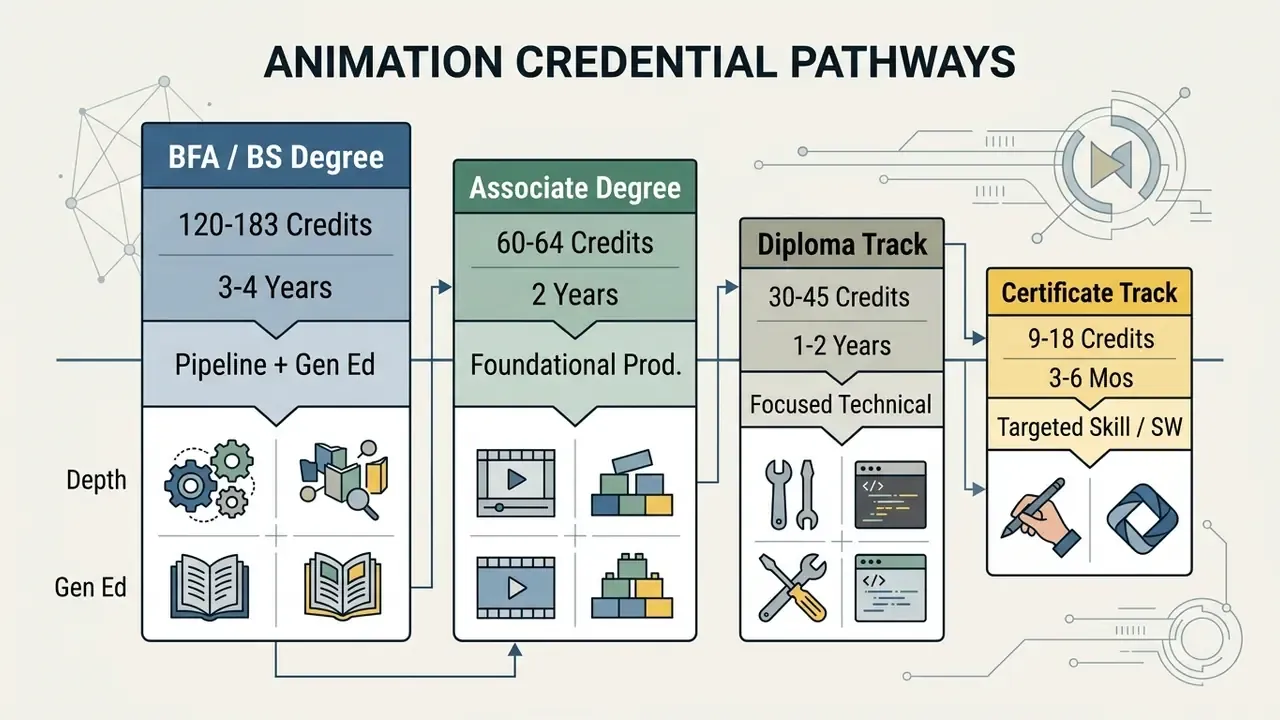 Flowchart comparing credit requirements and durations for various animation academic program levels