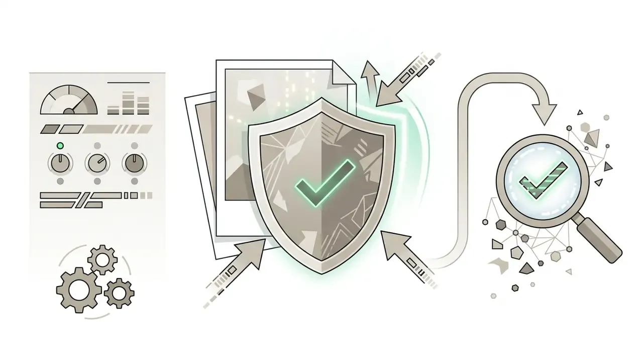 Shield with a checkmark protecting photos that are being inspected by a magnifying glass