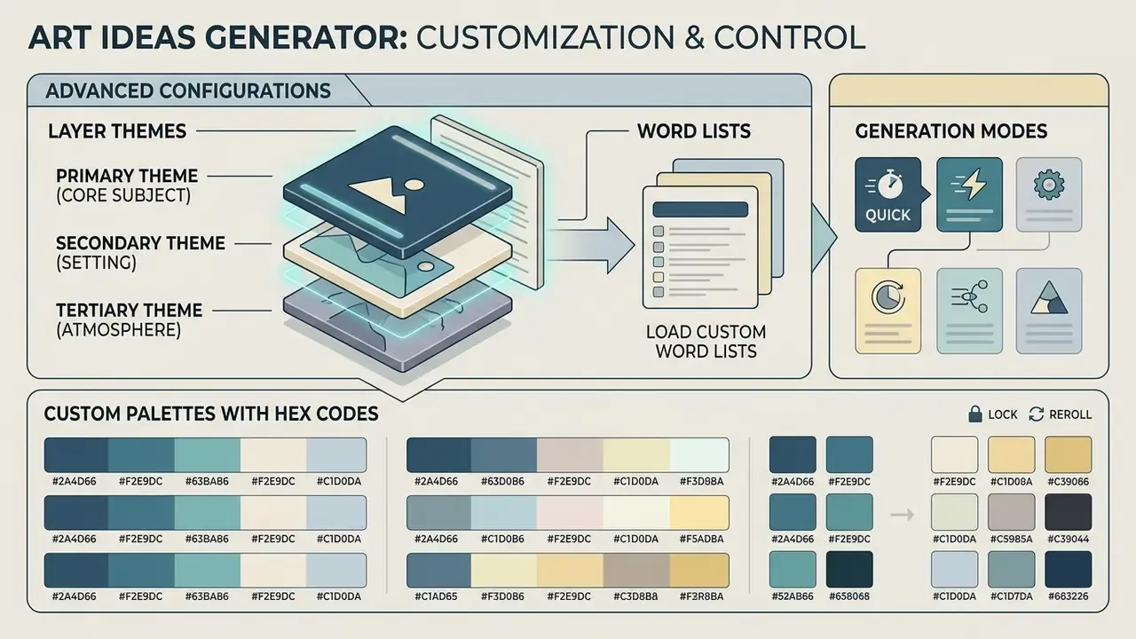 Diagram showing layered themes, word list integration, generation modes, and color palettes with HEX codes