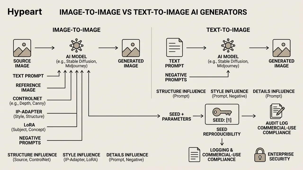 Diagram comparing image-to-image and text-to-image workflows with parameters, seeds, and audit logs