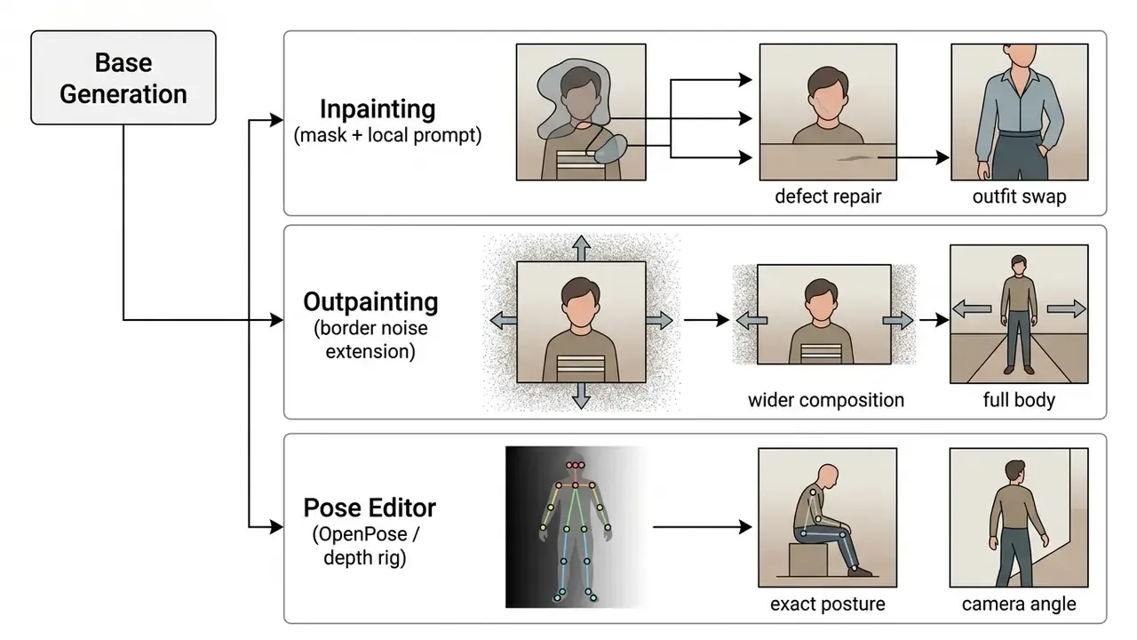 Diagram showing how base images are modified using inpainting, outpainting, and pose editing tools