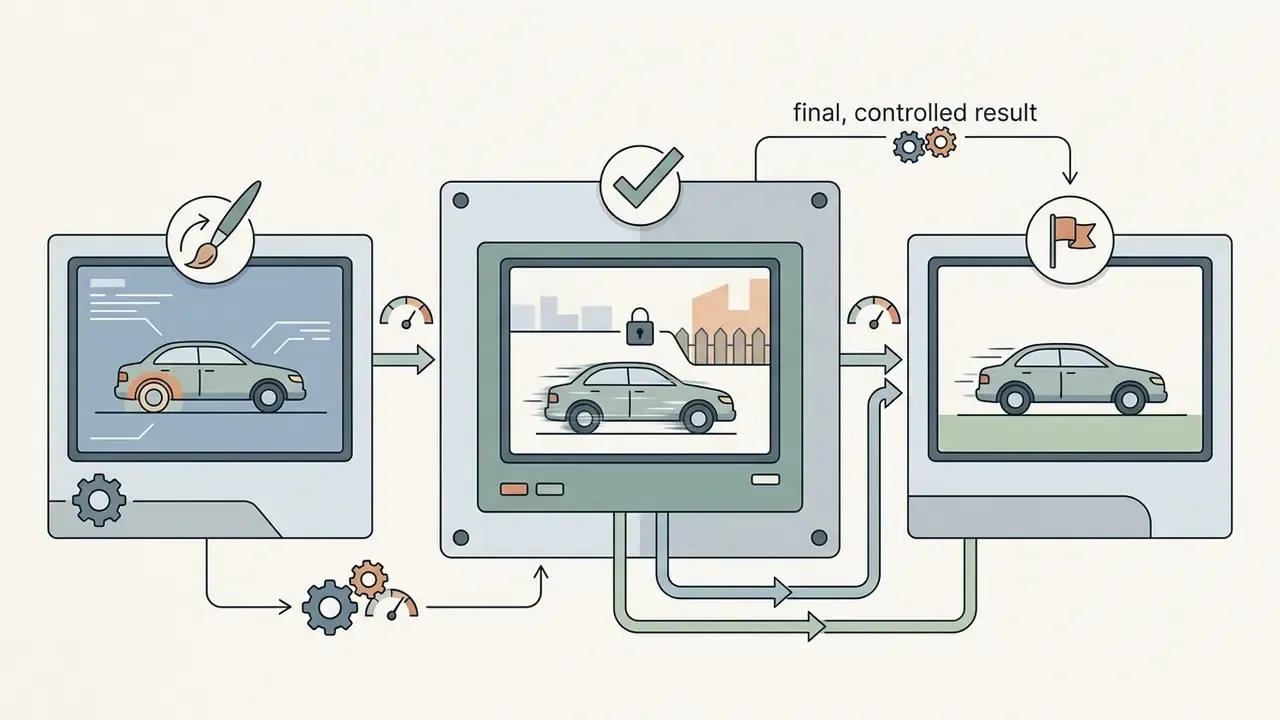Workflow diagram showing motion brush isolation and iterative processing to achieve a controlled car video