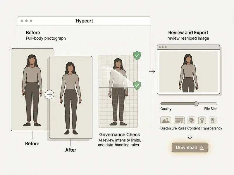 Workflow diagram showing body image transformation, governance validation, and final file export options