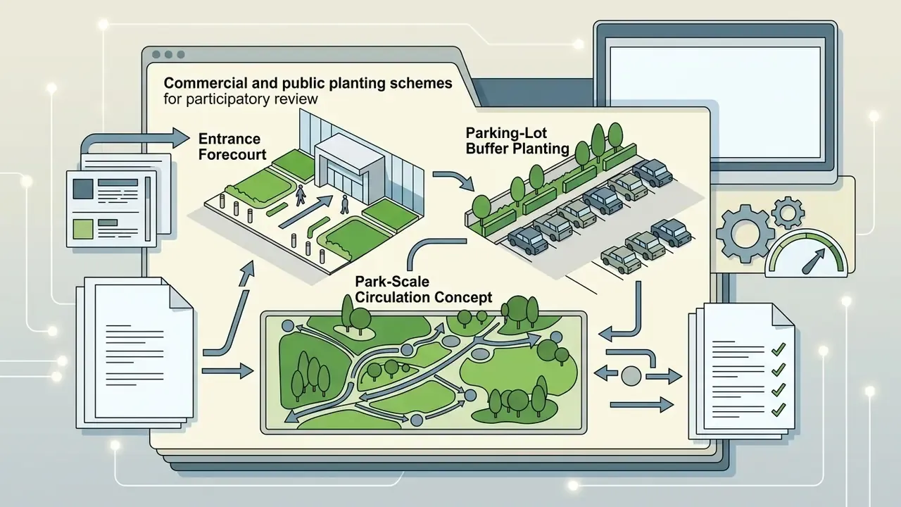 Workflow showing site documents being transformed into commercial planting and park circulation designs