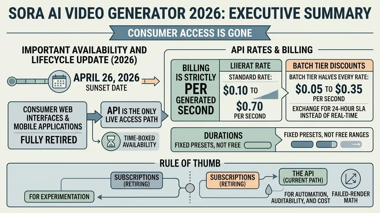Infographic summarizing 2026 Sora AI video generator pricing, API access, and retired consumer services
