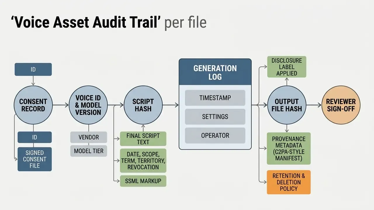 Process map tracking voice asset consent, model versioning, generation logs, and final review sign-off