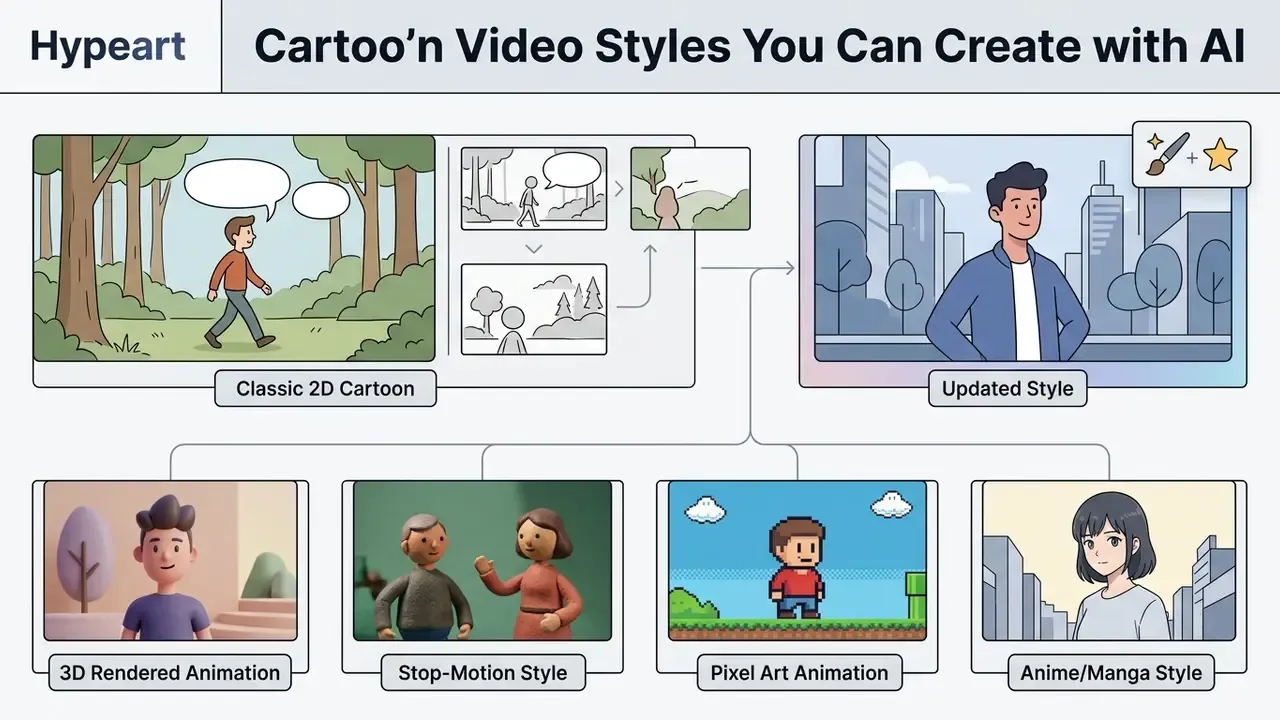 Comparison grid displaying various visual aesthetics like 2D, 3D, stop-motion, pixel art, and anime