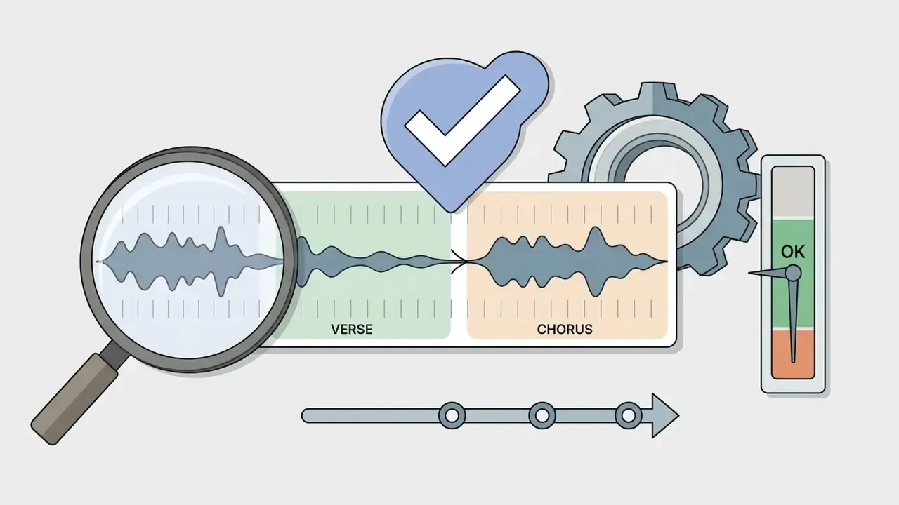 Magnifying glass examining a waveform transition between verse and chorus with a checkmark and gauge