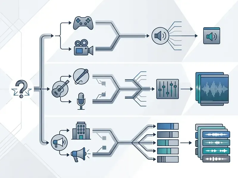 Decision tree illustrating the selection of MP3, WAV, or STEMs audio formats for various media projects