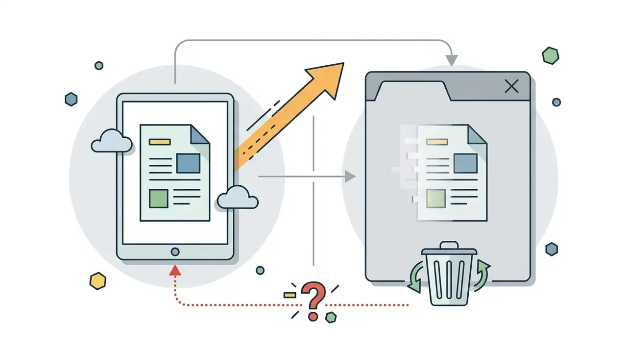 Tablet displaying a document moving toward a browser window where it is discarded into a trash bin