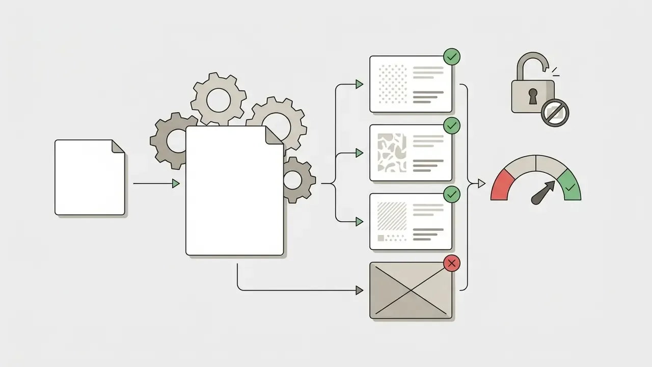 Document processing flow showing gears leading to branded and unbranded output options with status indicators