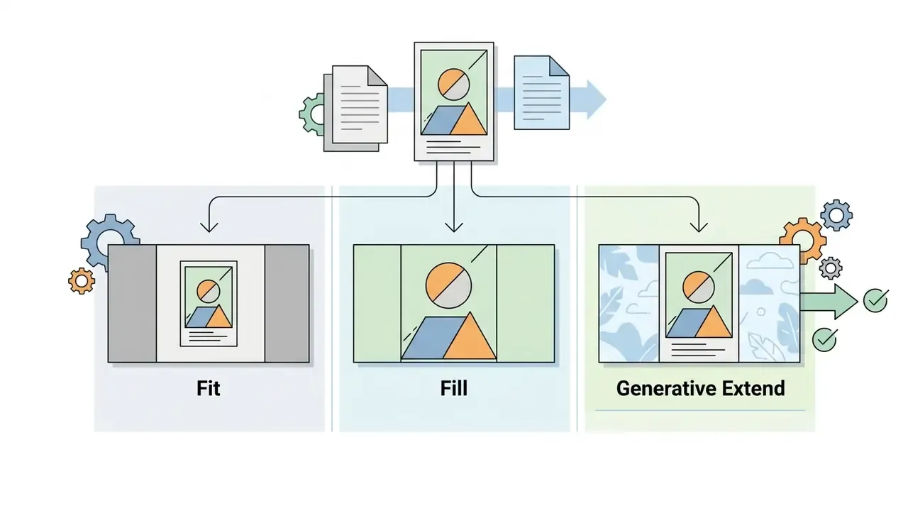 Three panels showing how an input document is adapted using fit, fill, and generative extend techniques
