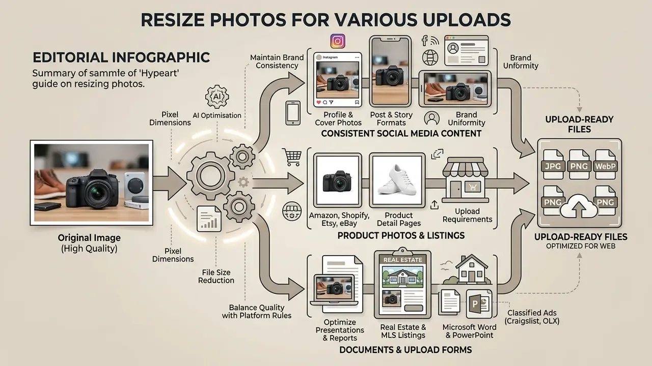 Infographic showing the process to make an image smaller for social media, e-commerce, and document uploads