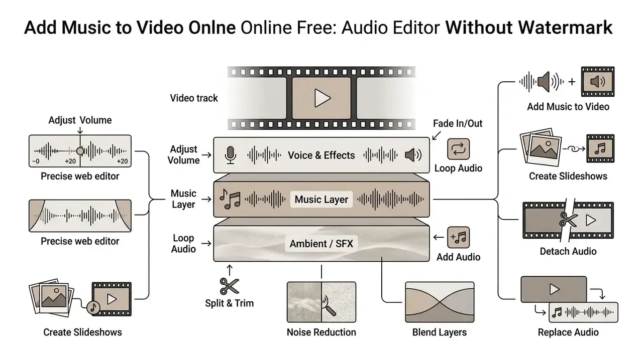Diagram showing a three-layer audio hierarchy for editing voice, music, and ambient sound in video projects