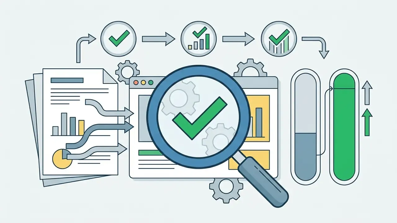 Magnifying glass over a screen with data reports and checkmarks moving toward a rising progress bar