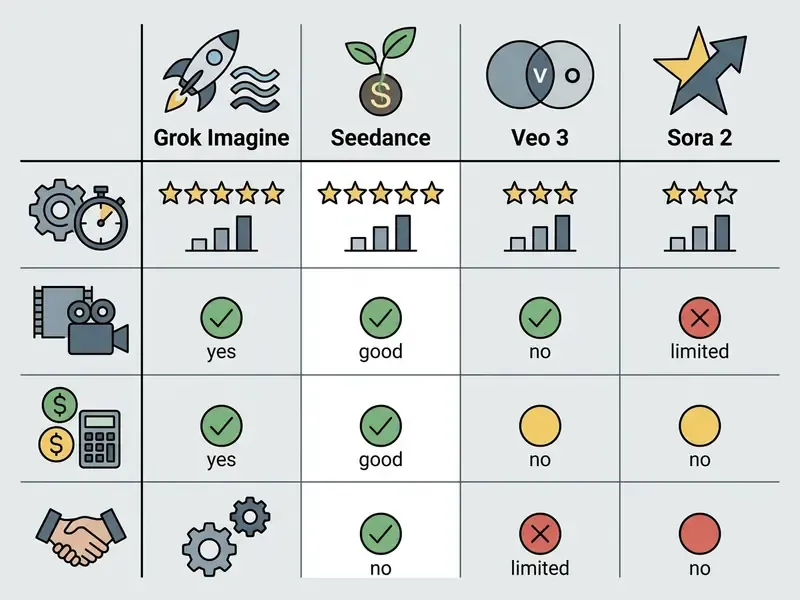 Comparison table evaluating Grok Imagine, Seedance, Veo 3, and Sora 2 across various performance metrics