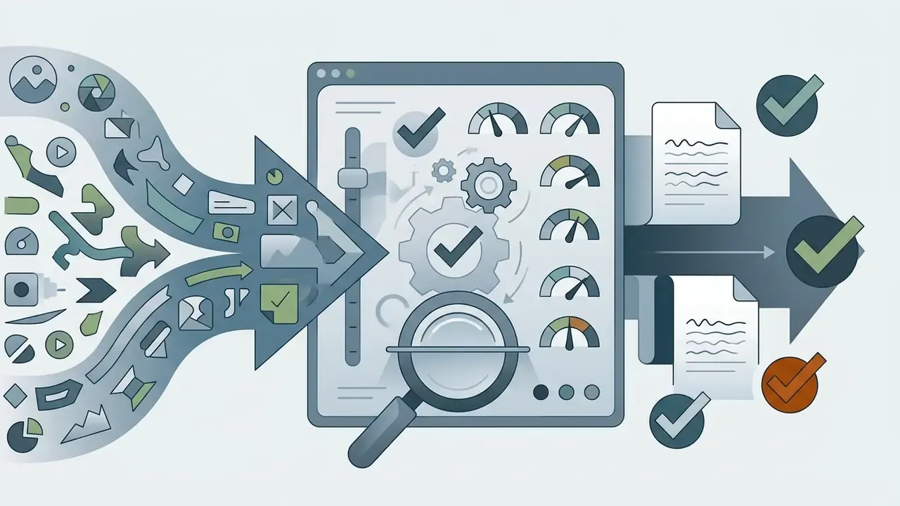Diverse content streams flowing into a central processing hub with gauges and magnifying glass inspection