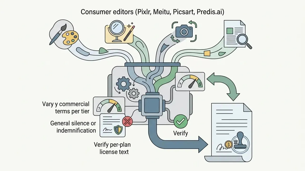 Creative tool icons feeding into a central processor that outputs verified legal license documents