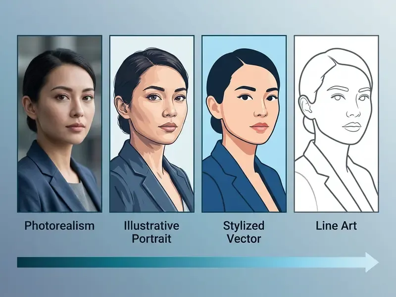 Four portraits showing a progression from photorealism to line art in an AI human generator