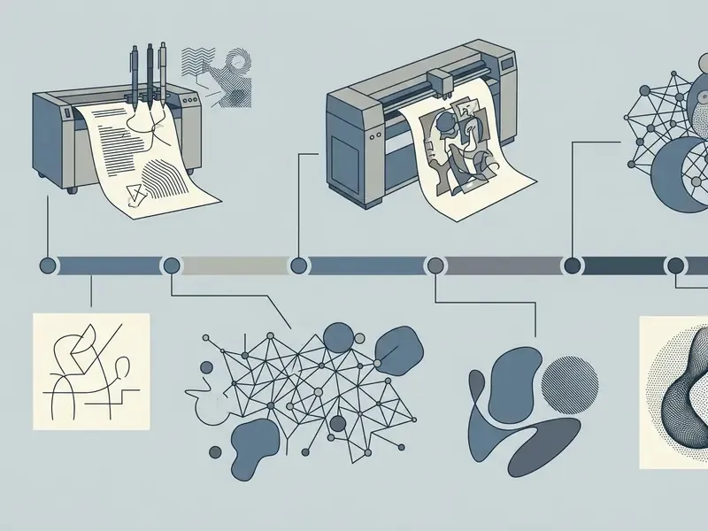 Horizontal timeline featuring mechanical plotters and abstract geometric patterns representing early AI art