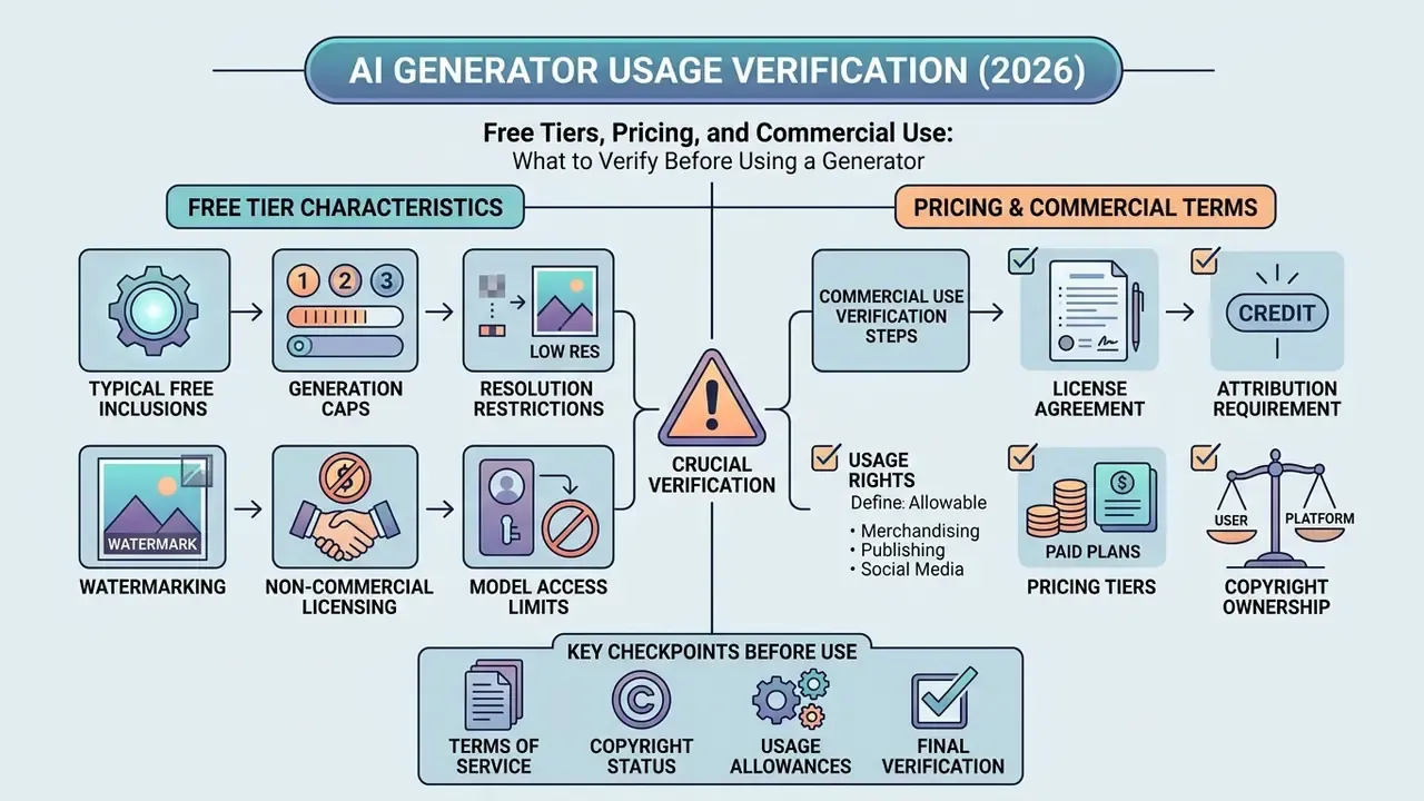Infographic summarizing key considerations for free tiers, pricing, and commercial use of AI generators