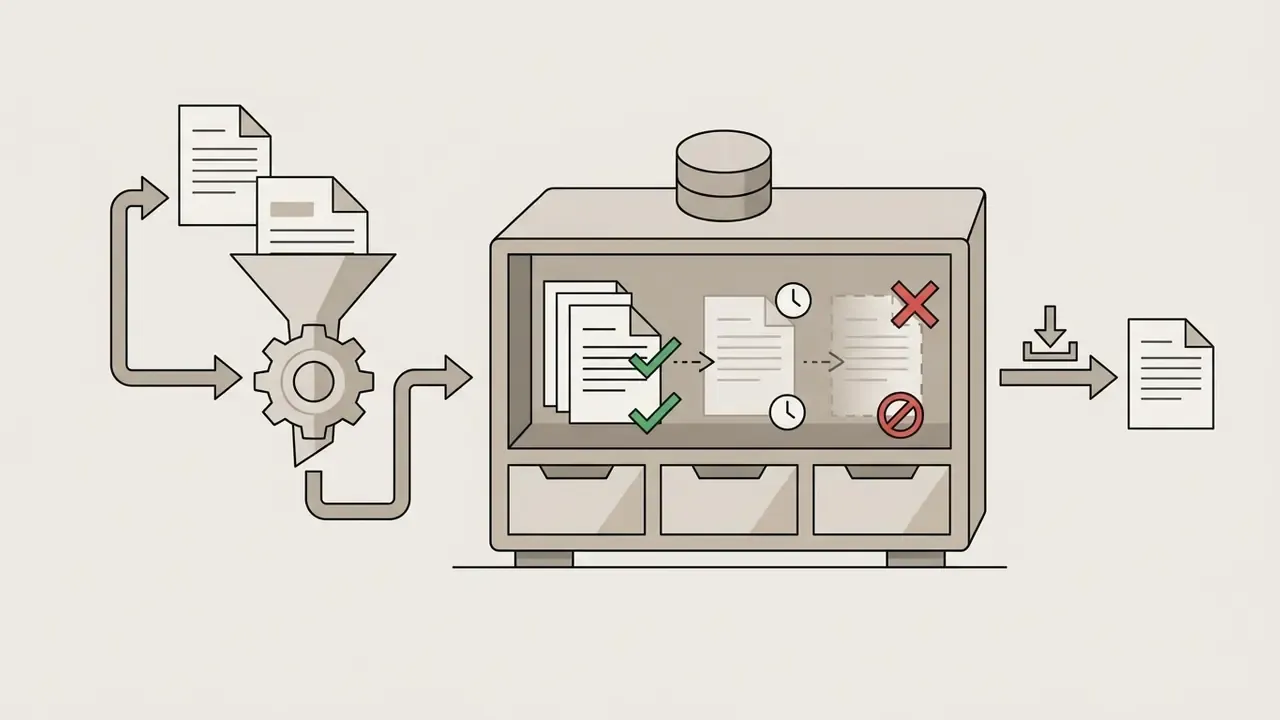 Documents entering a gear mechanism and storage unit that filters content based on time and retention