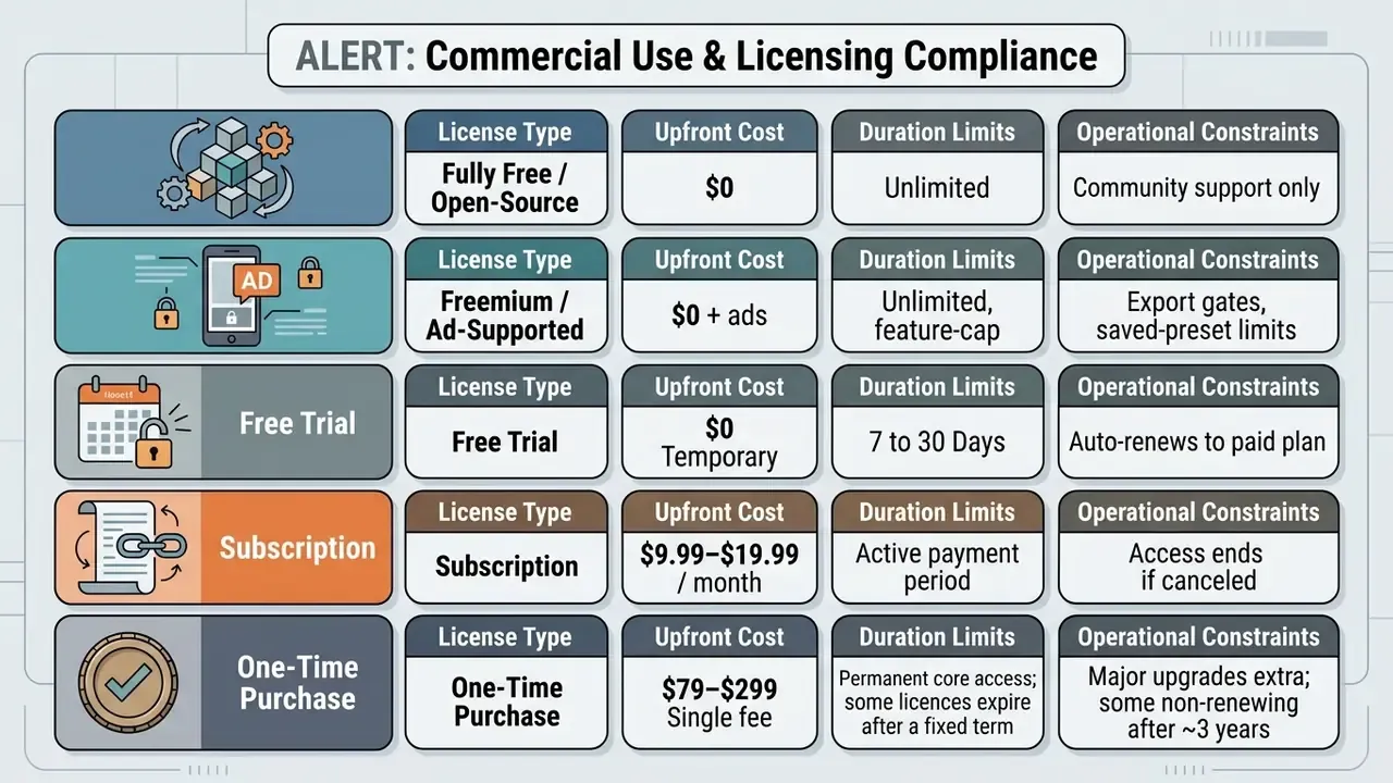 Table outlining software license types, upfront costs, duration limits, and operational constraints