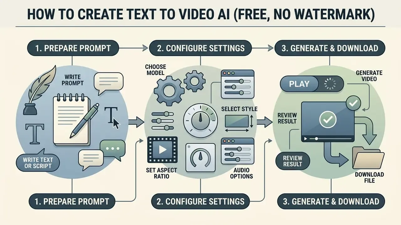 Three-step workflow diagram showing how to prepare a prompt, configure settings, and download a video