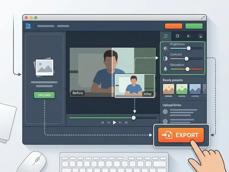 Video lighting editor interface showing file upload, adjustment sliders, and a highlighted export button