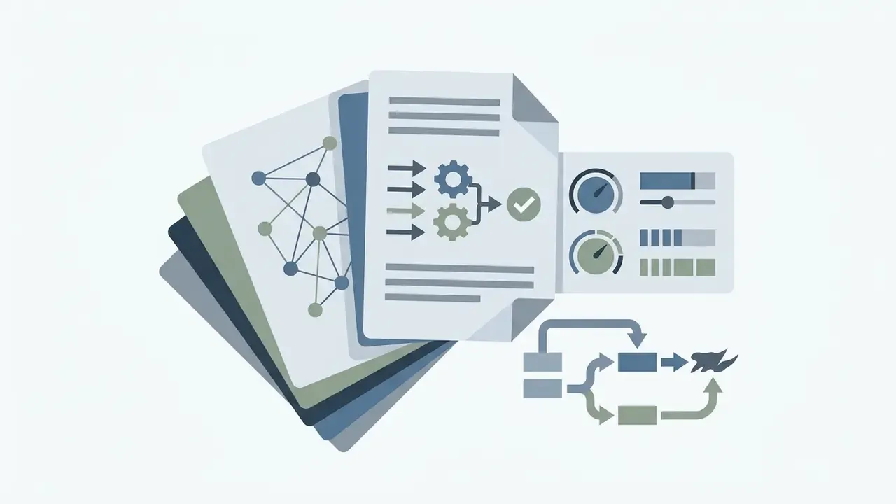 Stacked documents with network graphics, gear processing icons, and control sliders for AI art generation