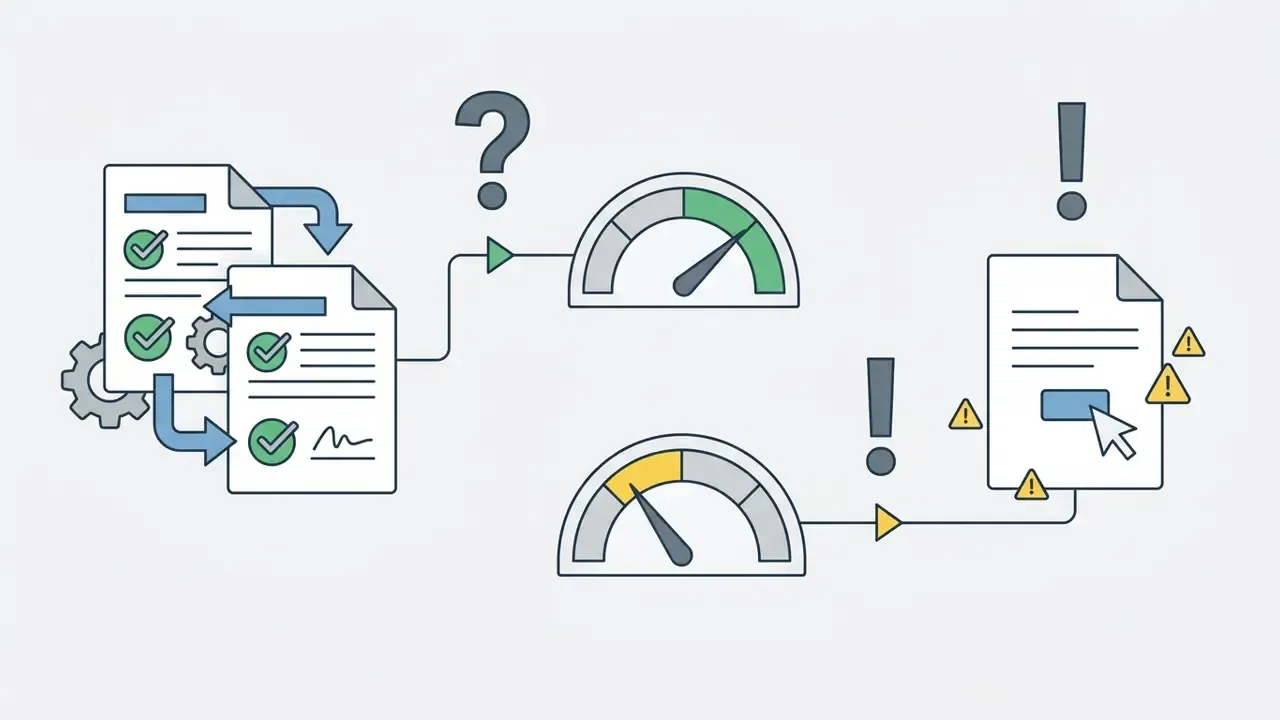 Documents with checkmarks flowing toward gauges and a click-through form marked with warning triangles