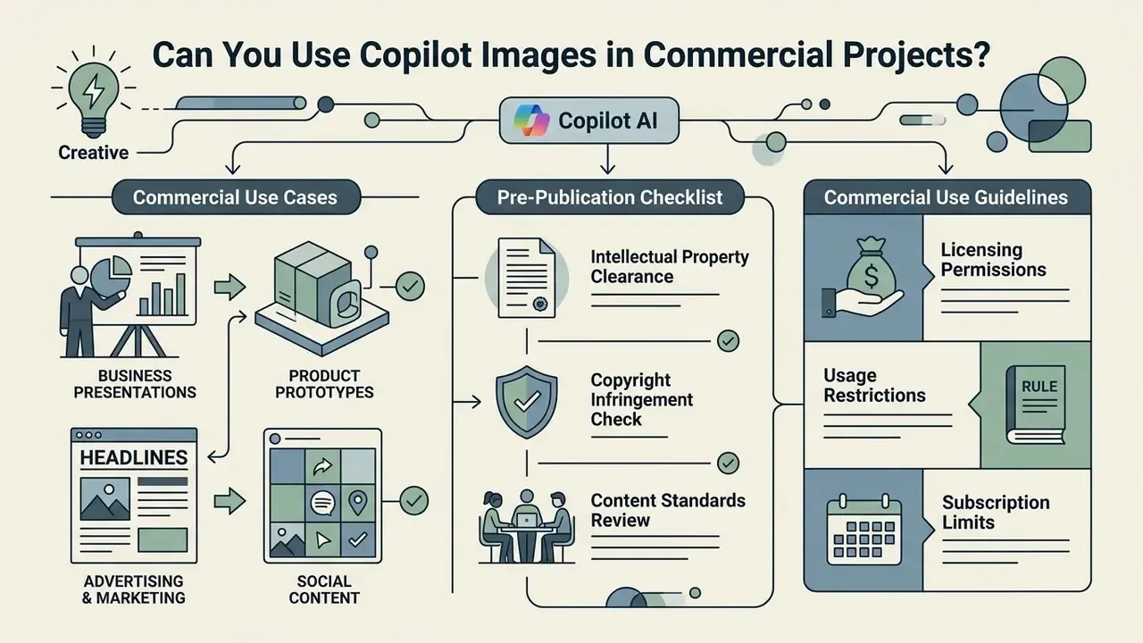 Diagram detailing commercial use cases, a pre-publication checklist, and guidelines for Copilot AI images