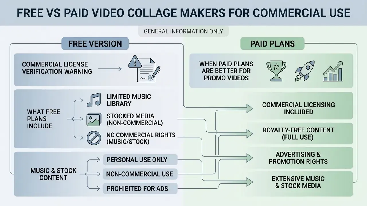 Comparison chart showing differences between free and paid software licenses for commercial media use