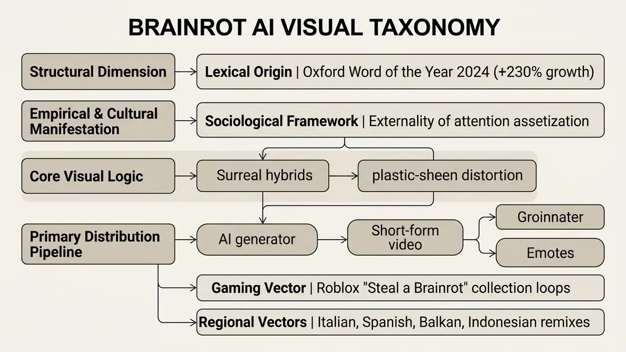 Diagram mapping the cultural and structural development of brainrot AI images through a branching network