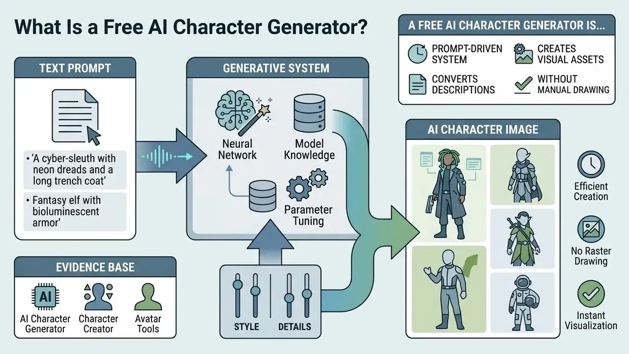Flowchart showing how a free AI character generator converts text prompts into visual character assets