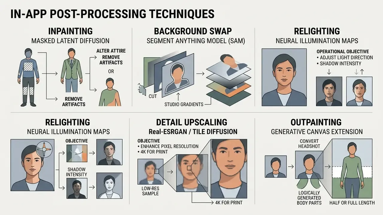 Diagram illustrating post-processing techniques like inpainting, relighting, and upscaling for AI portraits