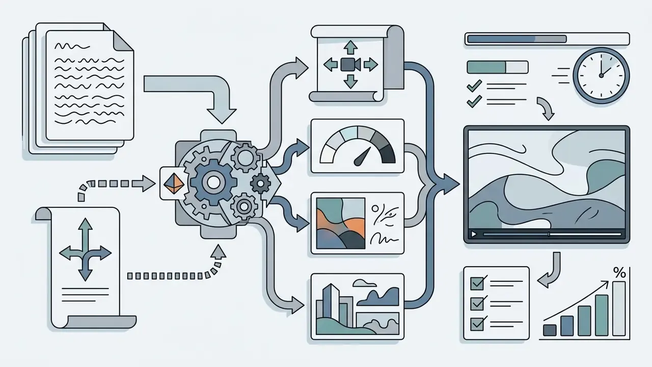 Central gear mechanism processing text and movement prompts into video clips with speed and quality metrics