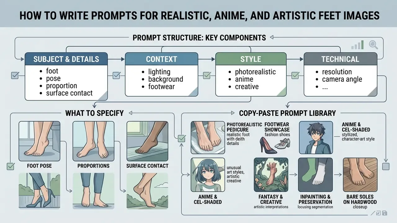 Structured guide detailing prompt components and example categories for generating diverse foot imagery