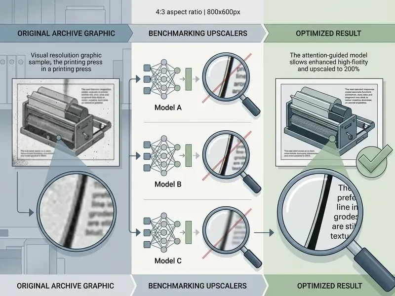 Comparative analysis of three neural models upscaling a vintage printing press graphic for clarity