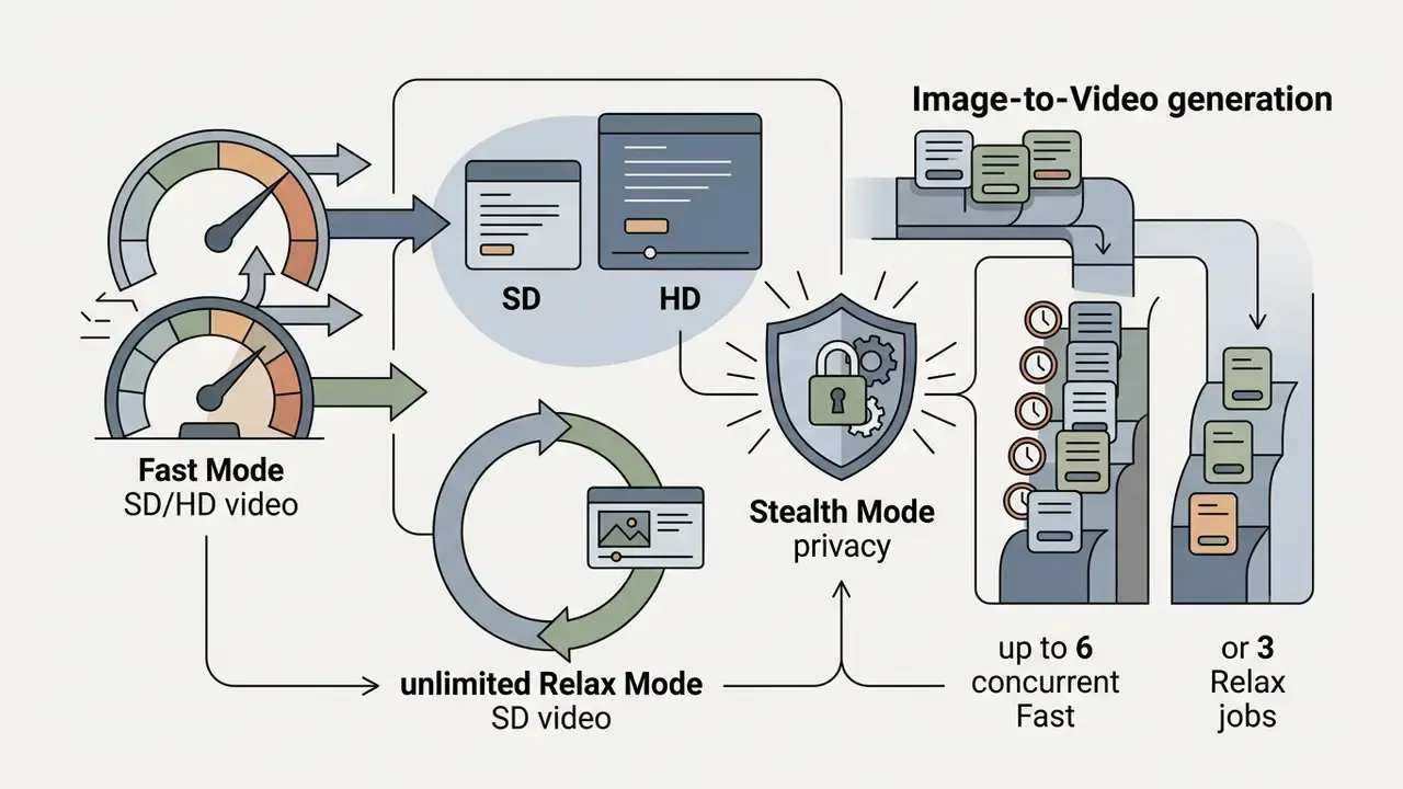 Speedometer icons representing Fast and Relax modes for SD and HD output with privacy shield and job limits
