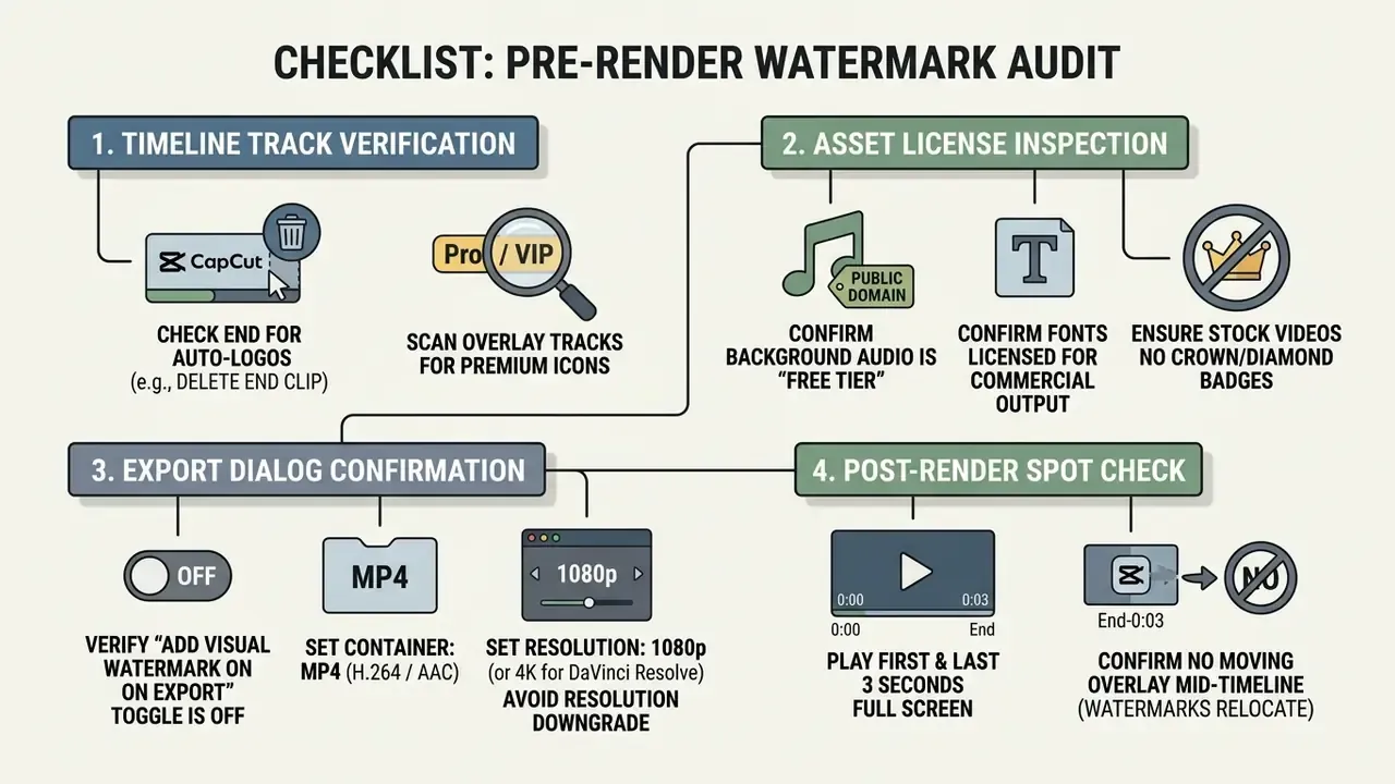 Checklist for a free AI video editor detailing steps to remove watermarks before final project export