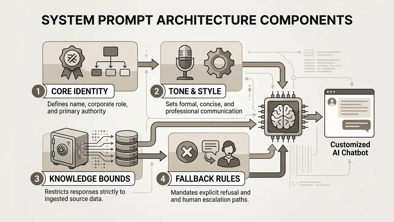 Four-step diagram showing how identity, style, data bounds, and fallback rules feed into an AI processor