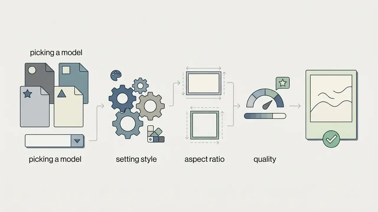 Sequence of icons representing model selection, style adjustment, aspect ratio, and quality settings